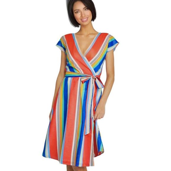 Modcloth Liza Luxe Multi-Color Stripe VNeck Sleeveless Tie Wrap Midi Dress XS - Picture 1 of 14